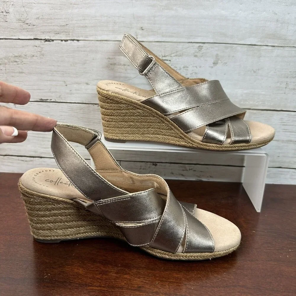 Clarks Collection Women's Espadrille Wedge Sling Back Heels Size 7.5 M Rope Gold